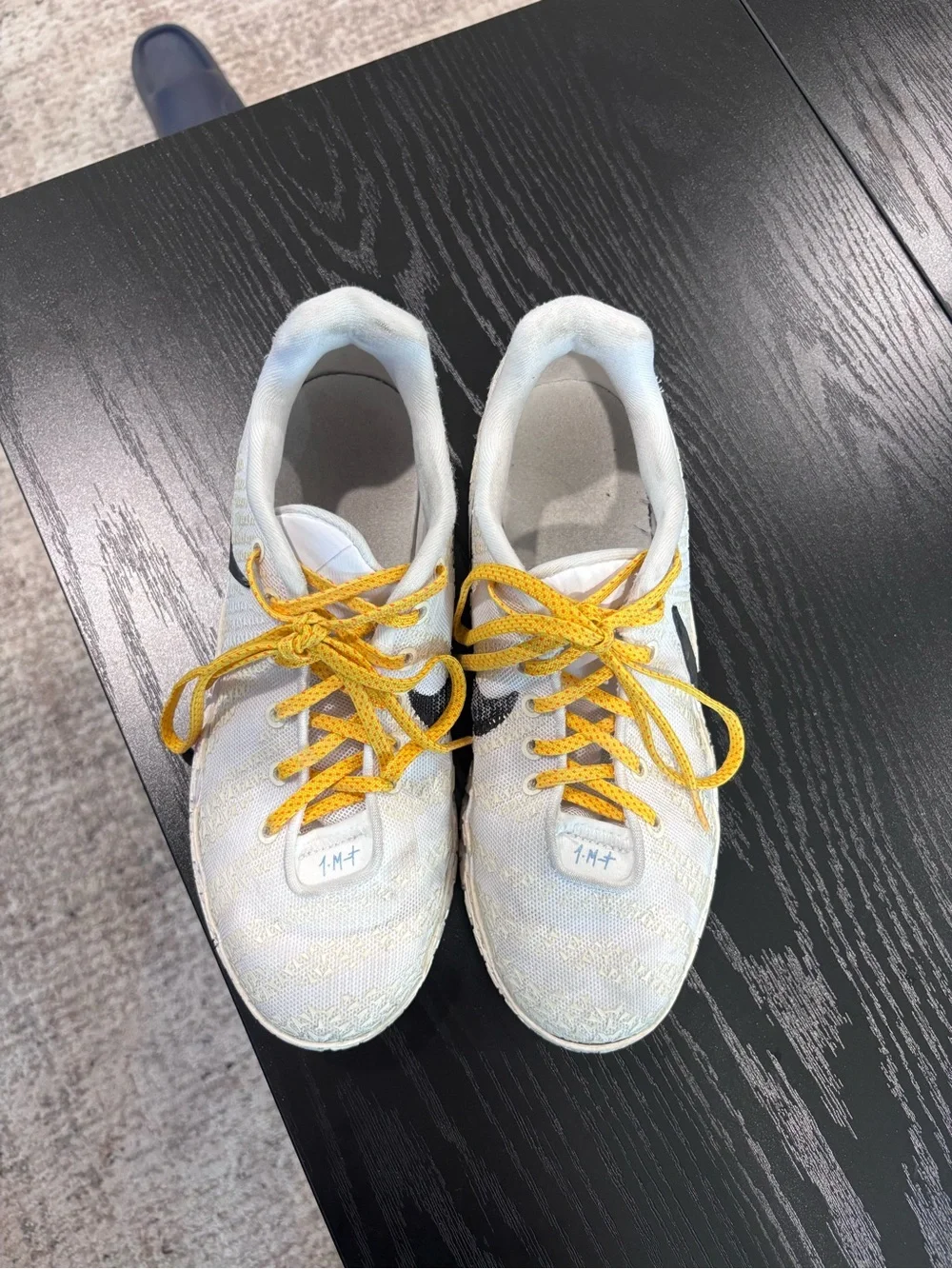 Nike Kids White Sneakers with Yellow Laces and Black Swoosh